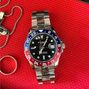 Stuhrling Stainless Steel Meridian 3965 Quartz/ 42mm GMT Diver Red Blue so 🔥